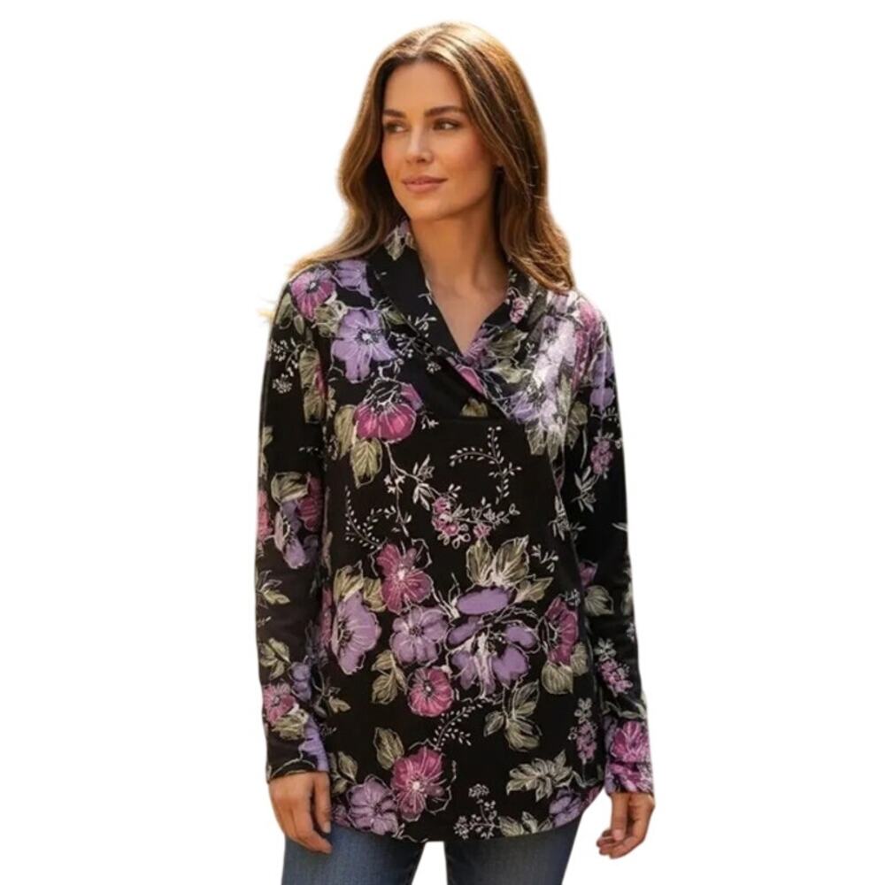Denim & Co Floral Knit Top Womens Large Black Multicolor Shawl Collar Cotton